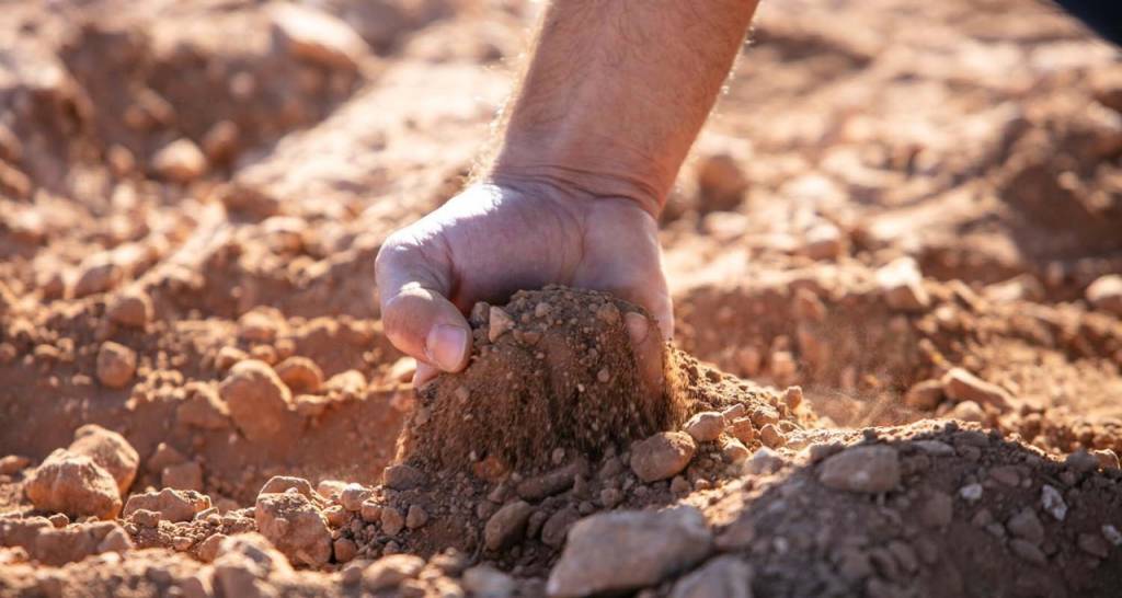 Manos de adulto cogiendo tierra del suelo