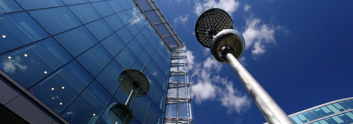 View of windows at the Repsol campus in Madrid